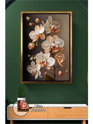 KOSS Dijital Krem Ton Orkide Çiçeği Zarif Doğal Çiçek Modern Dekoratif Duvar Tasarımı Çerçeveli Kanvas Tablo