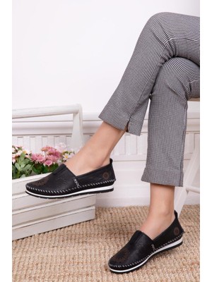 Tarçın Ayakkabı Hakiki Deri Siyah Kadın Deri Babet TRC116-0065