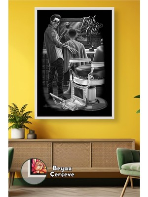 KOSS Dijital Berber Kuaför Salonları Için Fresh Cut Yazılı Siyah Beyaz Tıraş Duvar Dekoru Çerçeveli Kanvas Tablo