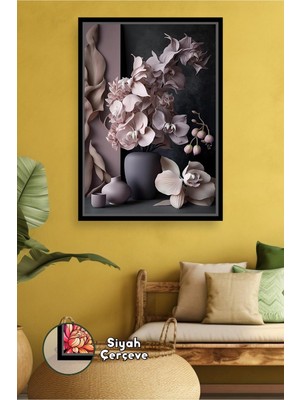 KOSS Dijital Bej ve Krem Tonlu Orkide Düzeni ile Modern Salon ve Yatak Odası Duvar Dekoru Çerçeveli Kanvas Tablo