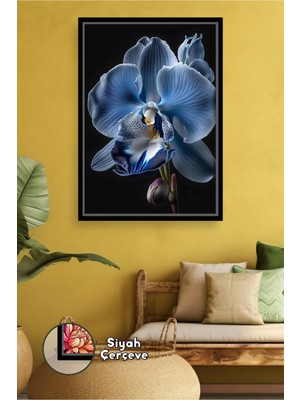 KOSS Dijital Mavi Orkide Çiçeği Siyah Fon Çiçek Fotoğrafı Lüks Dekoratif Duvar Tasarımı Çerçeveli Kanvas Tablo