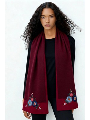 Desen Triko Kadın Nakış Işlemeli Saf Yün Kaşkol 02421155 Vişne