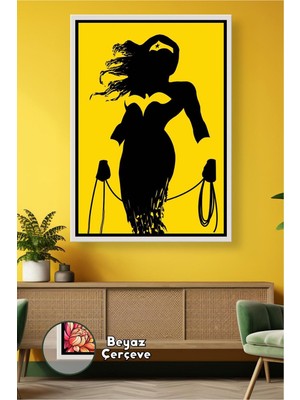 KOSS Dijital Wonder Woman Kadın Kahraman Siluet Sarı Zemin Duvar Süsü Salon ve Ofis Için Çerçeveli Kanvas Tablo