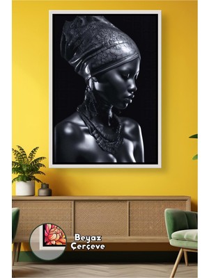 KOSS Dijital Siyah Başörtülü Afrikalı Kadın Figürü Modern Sanat Çalışması Derin Işık Çerçeveli Kanvas Tablo