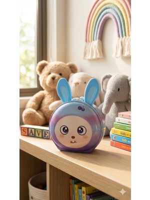 Biton Toptan 1 Adet Sevimli  Tavşan Figürlü Kilitli Metal Kumbara - Çocuklar Için  Para Biriktirme Kumbarası Mavi