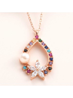 Katre46 925 Ayar Gümüş Rose Renkli Taşlı Çiçekli Kadın Kolye