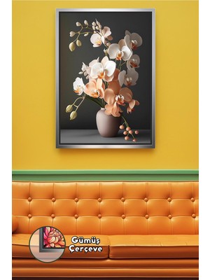 KOSS Dijital Orkide Vazo Tasarımlı Şık Salon Tablosu Minimal Ev Dekorasyonu Uyumlu Çerçeveli Kanvas Tablo