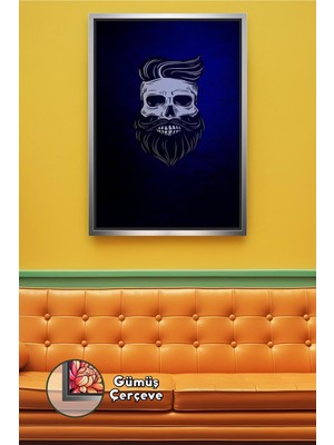 KOSS Dijital Berber ve Kuaför Salonları Için Sakallı Kuru Kafa Minimal Duvar Tasarımı Çerçeveli Kanvas Tablo