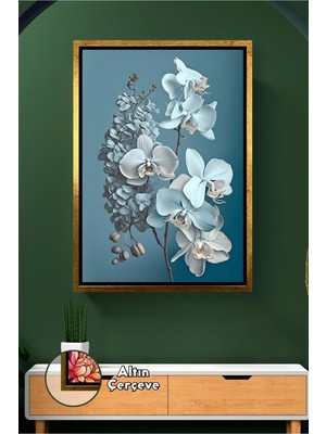 KOSS Dijital Beyaz Orkide ve Mavi Ton Uyumu ile Ferah Salon ve Yatak Odası Duvar Dekoru Çerçeveli Kanvas Tablo