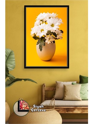 KOSS Dijital Sarı Fon Beyaz Papatya Buketi Aydınlık Ev Dekoru Mutfak Salon Duvar Stili Çerçeveli Kanvas Tablo