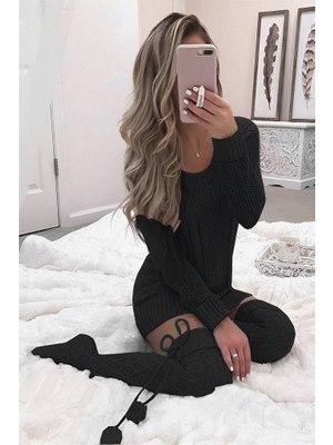 Kendim Fashion Kadın Uzun Kollu Bisiklet Yaka Triko Elbise (Çorapsız)