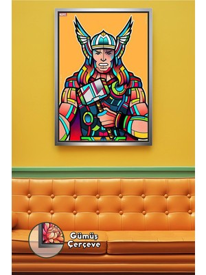 KOSS Dijital Thor Marvel Figürlü Duvar Süsü Çekiç Detaylı Renkli Tasarım Koleksiyon Odası Çerçeveli Kanvas Tablo