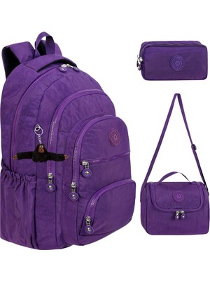 Çantaland 3’lü Set Krinkıl Kumaş Çanta + Termal Beslenme Çantası + Kalemlik, Maymun Anahtarlık Hediyeli