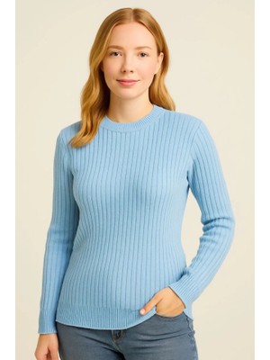 Kendim Fashion Bisiklet Yuvarlak Yaka Triko Kazak Pamuklu Kalın Fitilli Dokuma, Regular Fit Uzun Kollu Kışlık Model - Bebe Mavisi