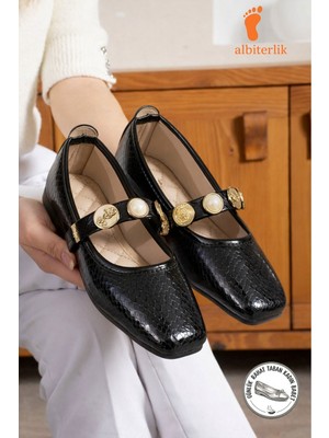 Albishoes Kadın Yılan Deri Model Aksesuarlı Babet Günlük Ofis Ayakkabısı Lastikli Babet Ayakkabı