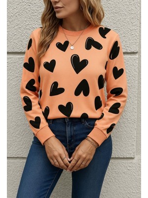 Kendim Fashion Kadın Uzun Kollu Bisiklet Yaka Kalp Desenli Iki Iplik Bluz