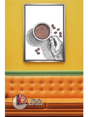 KOSS Dijital Boho Minimal El Çizimi Kahve Fincanı Çerçeveli Kanvas Tablo Üstten Bakış Modern Mutfak Duvar Dekoru