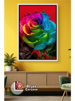 KOSS Dijital Gökkuşağı Renkli Gül Çiçek Detayı Canlı Renk Teması Modern Salon Ofis Dekoru Çerçeveli Kanvas Tablo