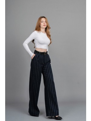 Yüksek Bel Çizgili Kaşe Bol Paça Kemerli Cepli Kadın Kışlık Pantolon – Missvina 30345
