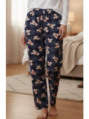 Erdenay Tekstil İpeksi Dokulu Süet Pijama Altı Lacivert Ayıcıklı Ekose