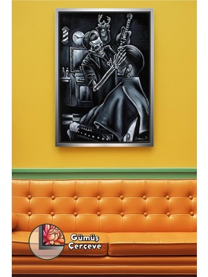 KOSS Dijital Berber Kuaför Salonları Için Siyah Beyaz Kafatası Maskülen Duvar Dekoru Çerçeveli Kanvas Tablo