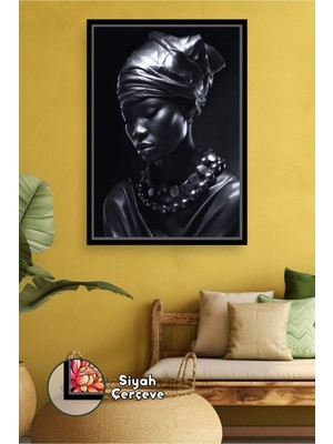KOSS Dijital Siyah Kolye Detaylı Kadın Portresi Duvar Dekoru Salon Ofis Otel Lobi Için Çerçeveli Kanvas Tablo