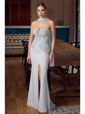 Ömür Inn Kadın Straplez Taş ve Payet Işlemeli Şal Detaylı Balık Form Abiye Elbise 6790 Buz Mavi