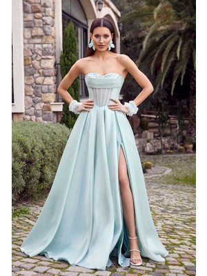 Ömür Inn Kadın Göğüs Kısmı Taş Işlemeli Straplez Uzun Abiye Elbise 6469 Çağla