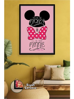 KOSS Dijital Mickey ve Minnie Mouse Yazılı Pembe Romantik Çizgi Karakter Duvar Dekoru Çerçeveli Kanvas Tablo