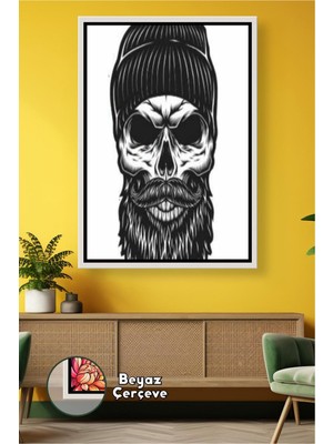 KOSS Dijital Berber ve Kuaför Salonları Için Sakallı Kuru Kafa Çizim Tarzı Duvar Dekoru Çerçeveli Kanvas Tablo