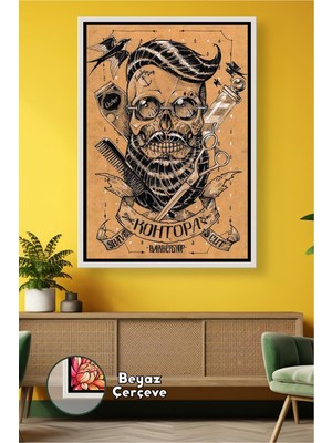 KOSS Dijital Berber Kuaför Salonları Için Makas Tarak Sakallı Kafatası Retro Duvar Dekoru Çerçeveli Kanvas Tablo