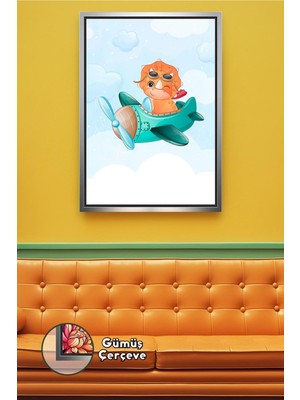 KOSS Dijital Göz Kırpan Pilot Dinozor Uçak Figürü Çocuk Odası Için Eğlenceli Macera Temalı Çerçeveli Kanvas Tablo