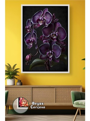 KOSS Dijital Koyu Mor Orkide Çiçekleri ile Salon Ofis Dekorasyonu Için Şık Duvar Stili Çerçeveli Kanvas Tablo