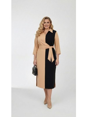 Koza Butik Kadın Büyük Beden Gömlek Yaka Bağlamalı Elbise 5399-26