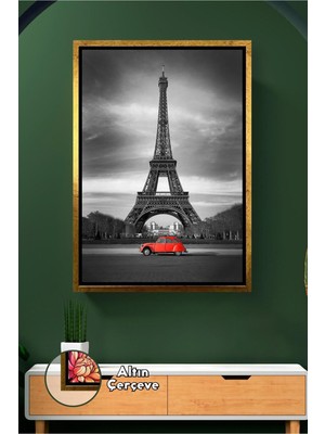KOSS Dijital Paris Eyfel Kulesi Önünde Kırmızı Araba Siyah Beyaz Modern Şehir Temalı Çerçeveli Kanvas Tablo