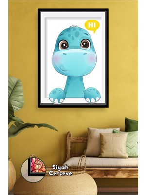KOSS Dijital Merhaba Yazılı Mavi Dinozor Eğlenceli Bebek ve Çocuk Odası Dekorasyonu Çerçeveli Kanvas Tablo