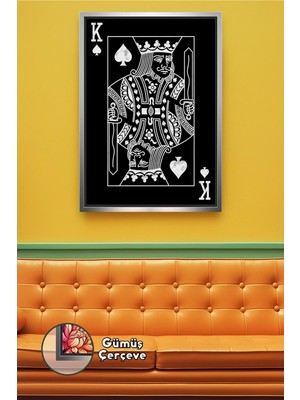 KOSS Dijital Siyah Beyaz Iskambil Maça Papazı Kral Figürü Klasik Kart Tasarım Duvar Dekoru Çerçeveli Kanvas Tablo