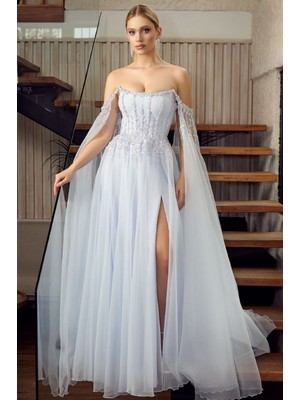 Ömür Inn Kadın Straplez Payet Işlemeli Kolları Pelerin Detaylı Uzun Abiye Elbise 5584 Buz Mavi