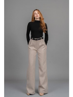 Yüksek Bel Çizgili Kaşe Bol Paça Kemerli Cepli Kadın Kışlık Pantolon – Missvina 30345
