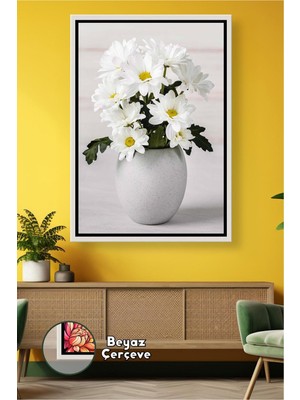 KOSS Dijital Beyaz Papatya Çiçekli Dekoratif Tablo Minimal Salon ve Mutfak Için Çerçeveli Kanvas Tablo