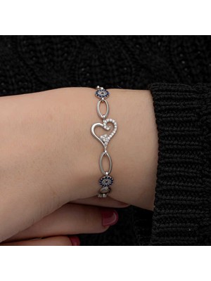 Katre46 925 Ayar Gümüş Kalpli Nazar Kadın Bileklik
