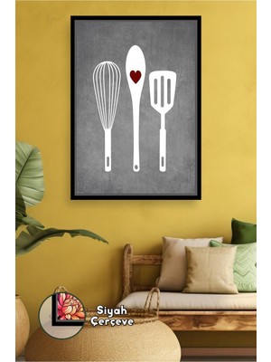 KOSS Dijital Minimal Mutfak Kalp Detaylı Çerçeveli Kanvas Tablo – Çırpıcı, Kaşık ve Spatula Figürlü Duvar Dekoru
