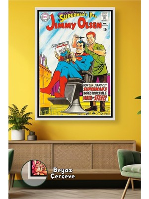 KOSS Dijital Superman Berber Sahnesi Çizgi Roman Duvar Dekoru Berber ve Kuaförler Için Çerçeveli Kanvas Tablo