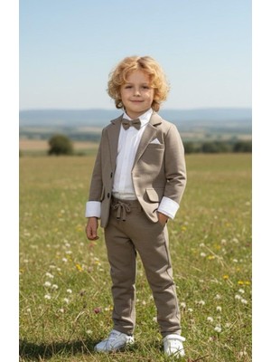 Erkek Çocuk Flamlı Keten Salaş Ceketli Takım Elbise / Gömlek Pantolon Ceket Papyon Keten Takımelbise
