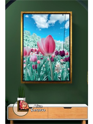 KOSS Dijital Pembe Lale Bahçesi Manzaralı Salon ve Yatak Odası Için Şık Çiçekler Çerçeveli Kanvas Tablo