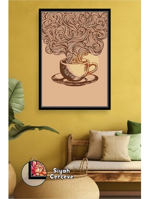 KOSS Dijital Çizgisel Kahve Fincanı Desenli Mutfak Duvar Dekoru Sade Retro Kahve Teması Çerçeveli Kanvas Tablo