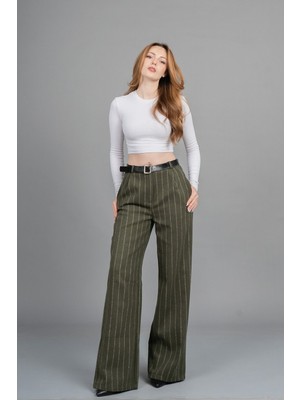 Yüksek Bel Çizgili Kaşe Bol Paça Kemerli Cepli Kadın Kışlık Pantolon – Missvina 30345