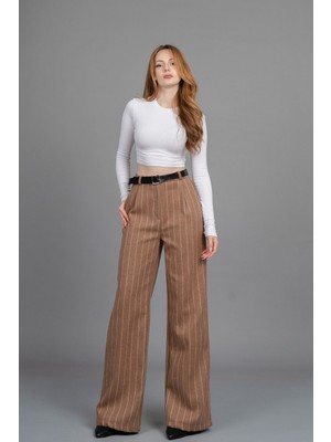 Yüksek Bel Çizgili Kaşe Bol Paça Kemerli Cepli Kadın Kışlık Pantolon – Missvina 30345