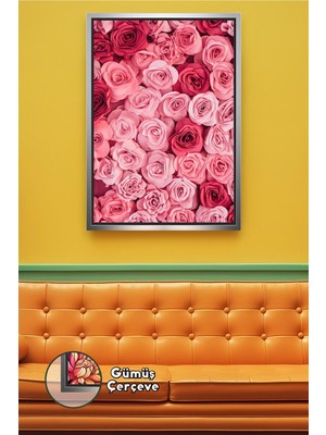 KOSS Dijital Pembe Gül Desenli Çerçeveli Kanvas Tablo Çiçek Temalı Dekoratif Duvar Tablosu Salon Yatak Odası Için