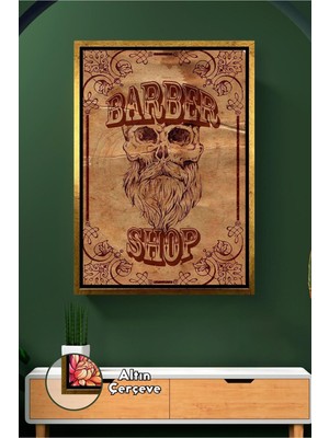 KOSS Dijital Berber Kuaför Salonları Için Barber Shop Yazılı Sakallı Kafatası Retro Erkek Çerçeveli Kanvas Tablo